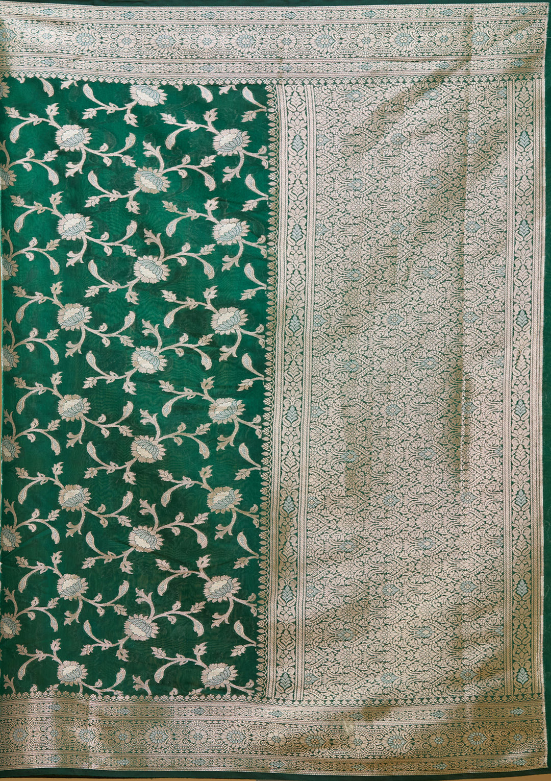 Bottle Green Cotton Jaal Zariwork Saree With Matching Blouse Piece