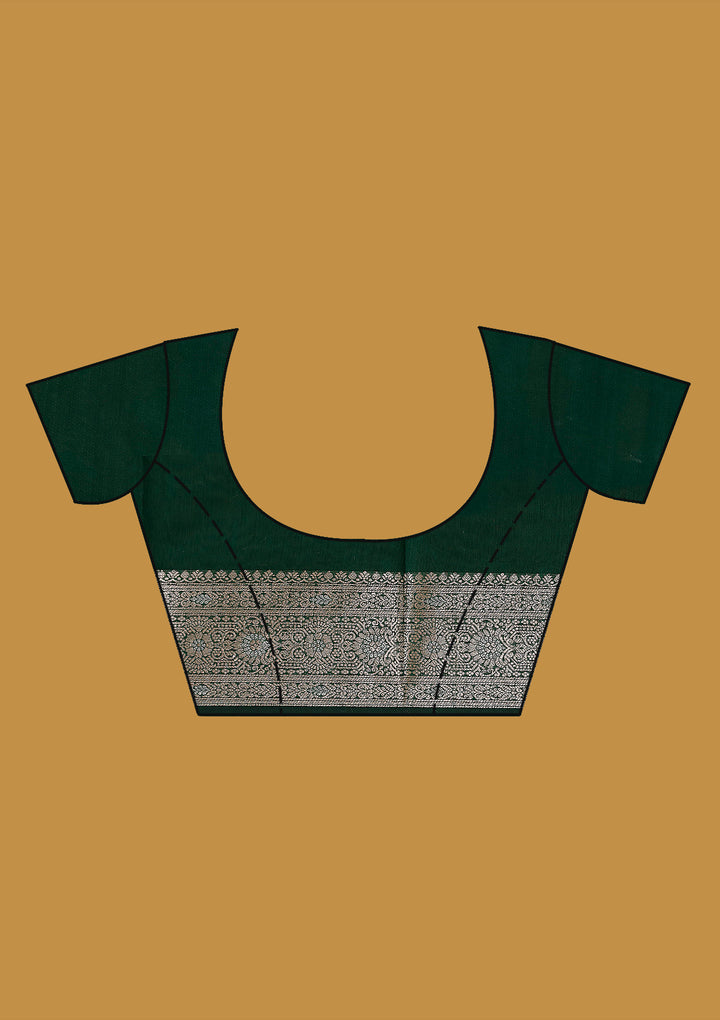 Bottle Green Cotton Jaal Zariwork Saree With Matching Blouse Piece