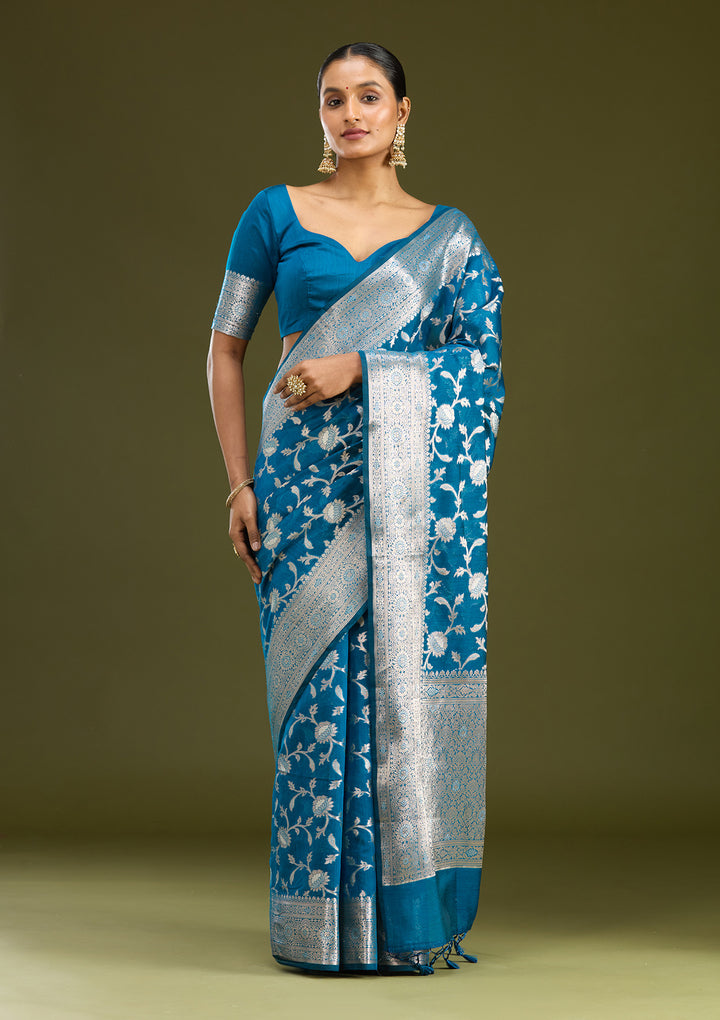 Peacock Blue Cotton Jaal Zariwork Saree With Matching Blouse Piece