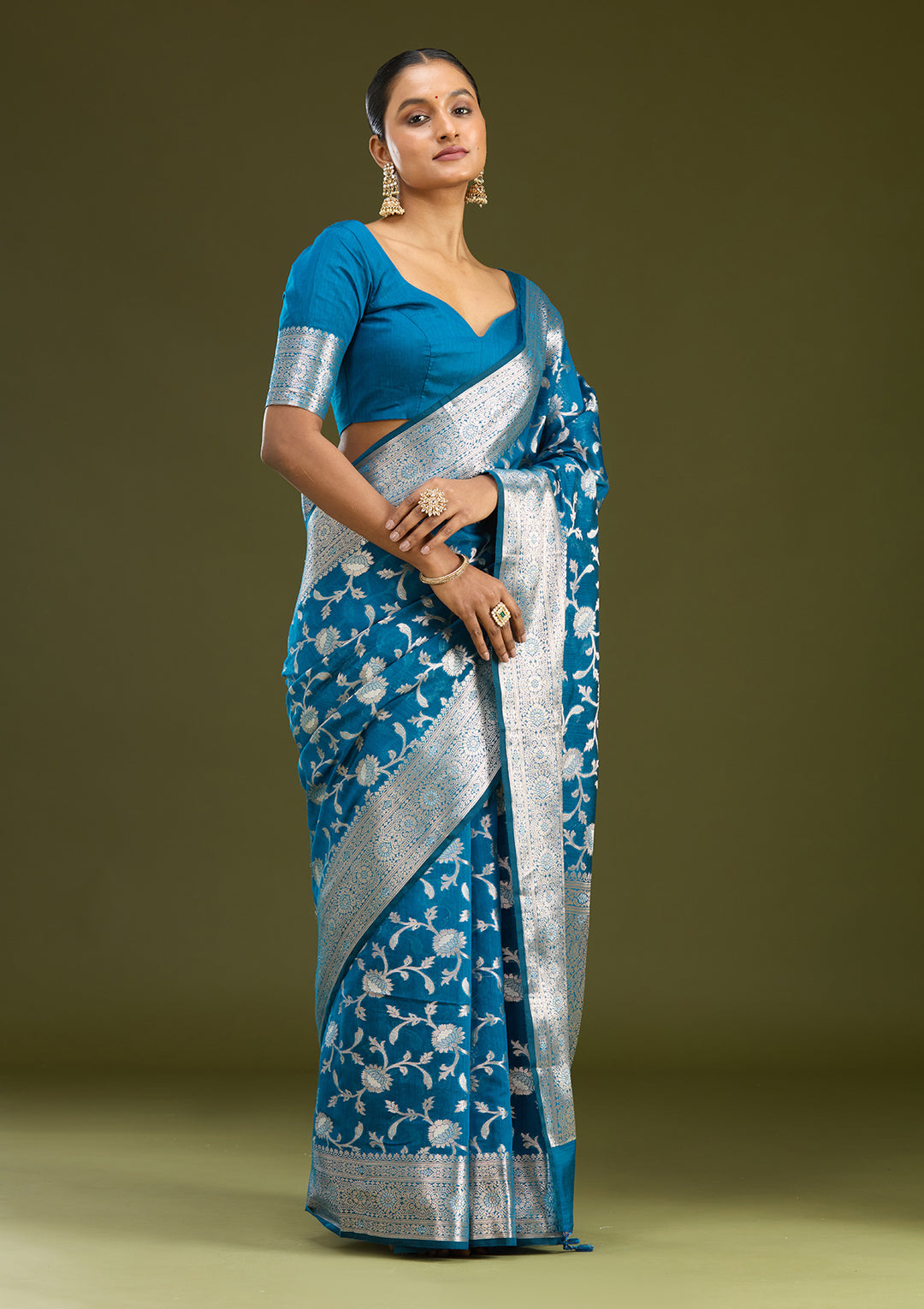 Peacock Blue Cotton Jaal Zariwork Saree With Matching Blouse Piece