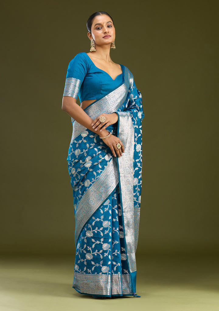 Peacock Blue Cotton Jaal Zariwork Saree With Matching Blouse Piece