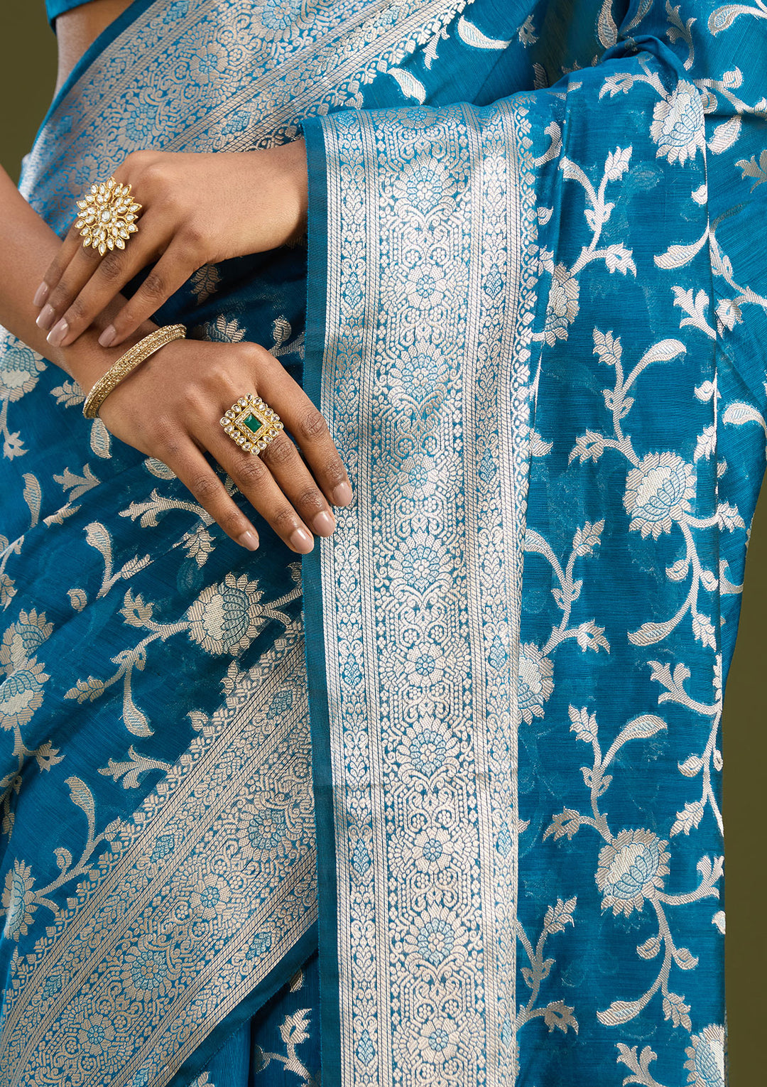 Peacock Blue Cotton Jaal Zariwork Saree With Matching Blouse Piece