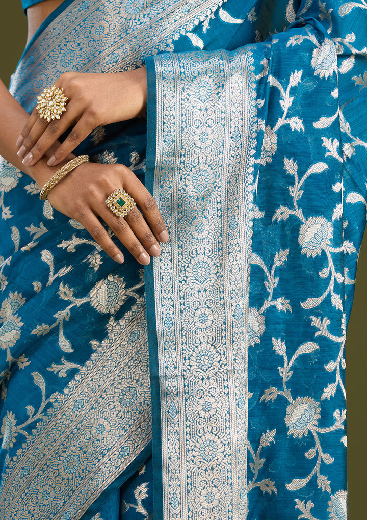 Peacock Blue Cotton Jaal Zariwork Saree With Matching Blouse Piece