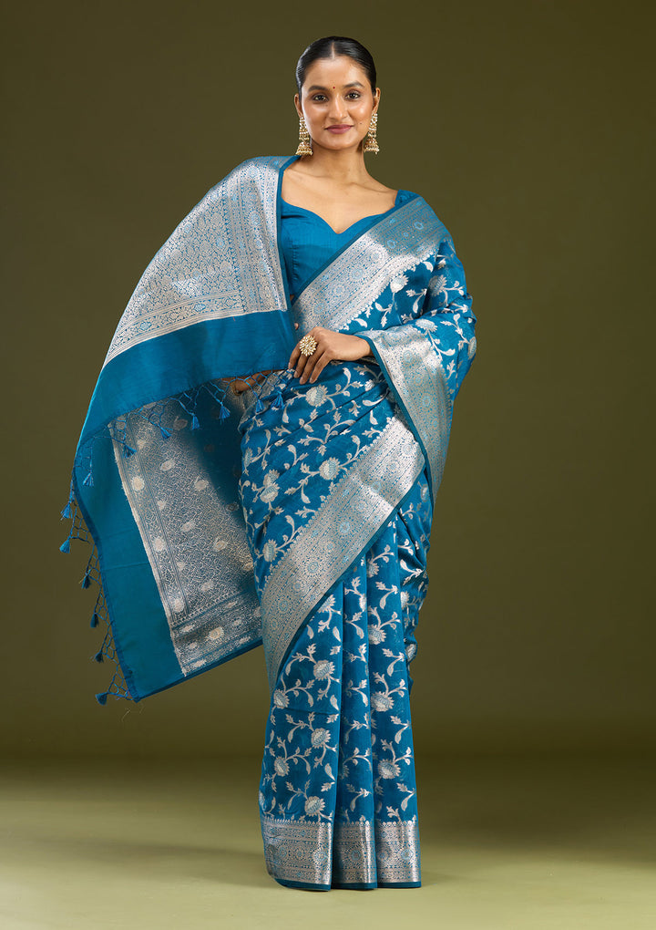 Peacock Blue Cotton Jaal Zariwork Saree With Matching Blouse Piece