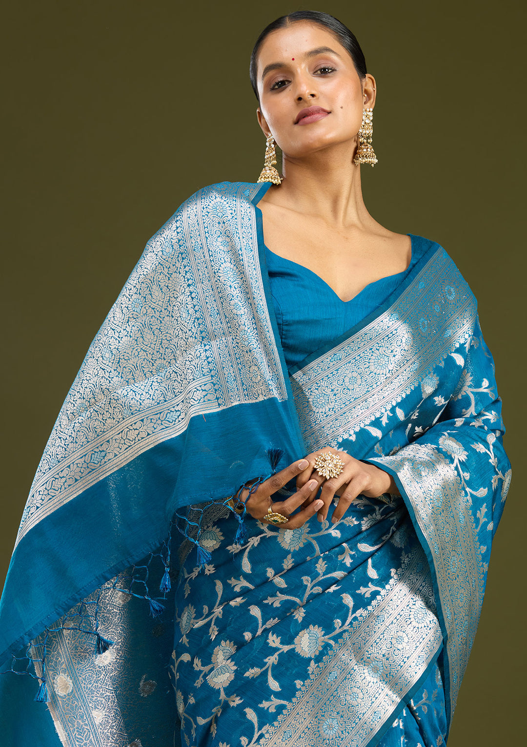 Peacock Blue Cotton Jaal Zariwork Saree With Matching Blouse Piece