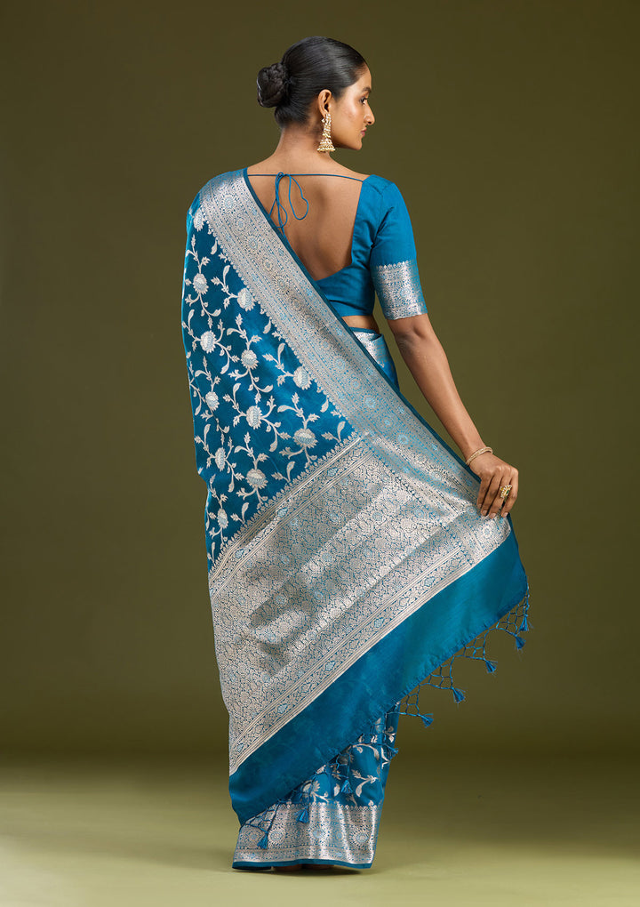 Peacock Blue Cotton Jaal Zariwork Saree With Matching Blouse Piece