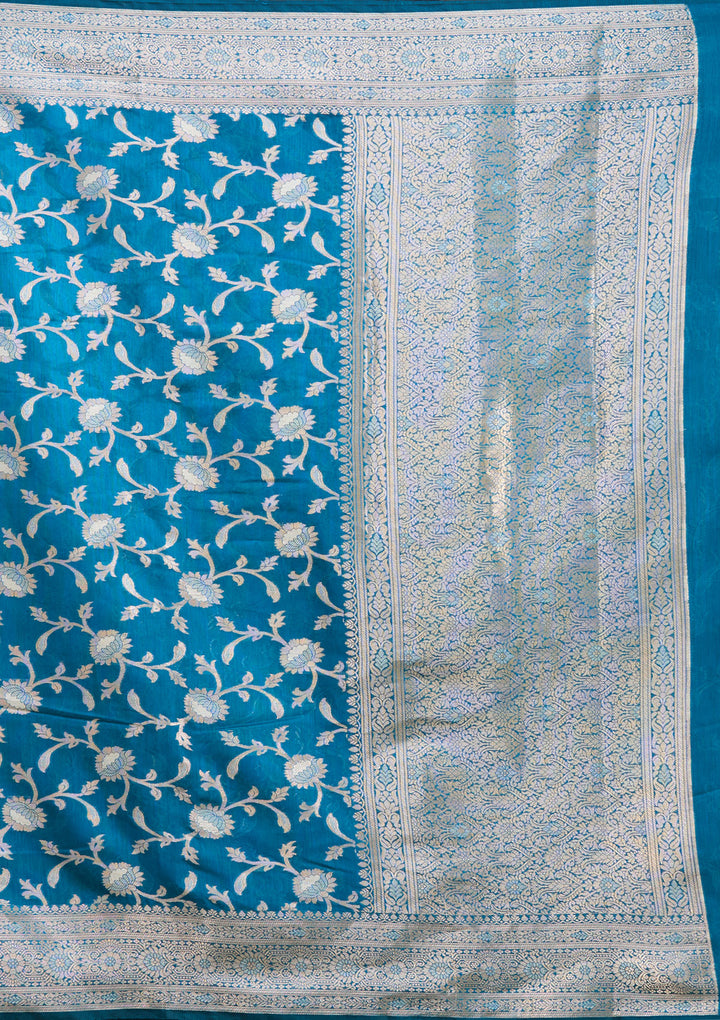 Peacock Blue Cotton Jaal Zariwork Saree With Matching Blouse Piece