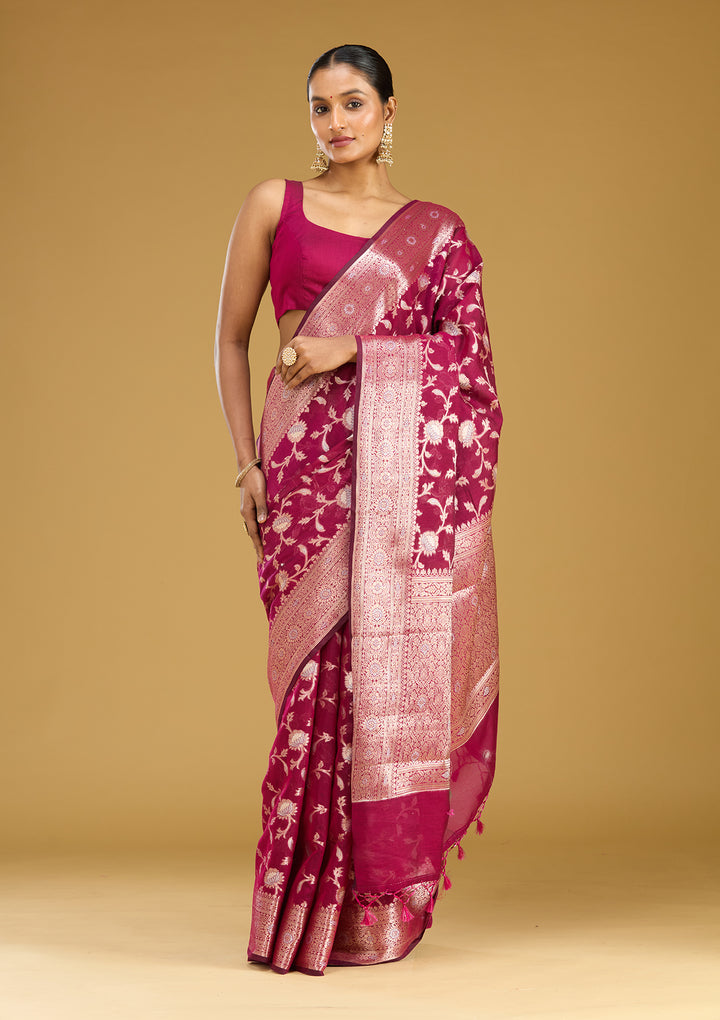 Wine Cotton Jaal Zariwork Saree With Matching Blouse Piece