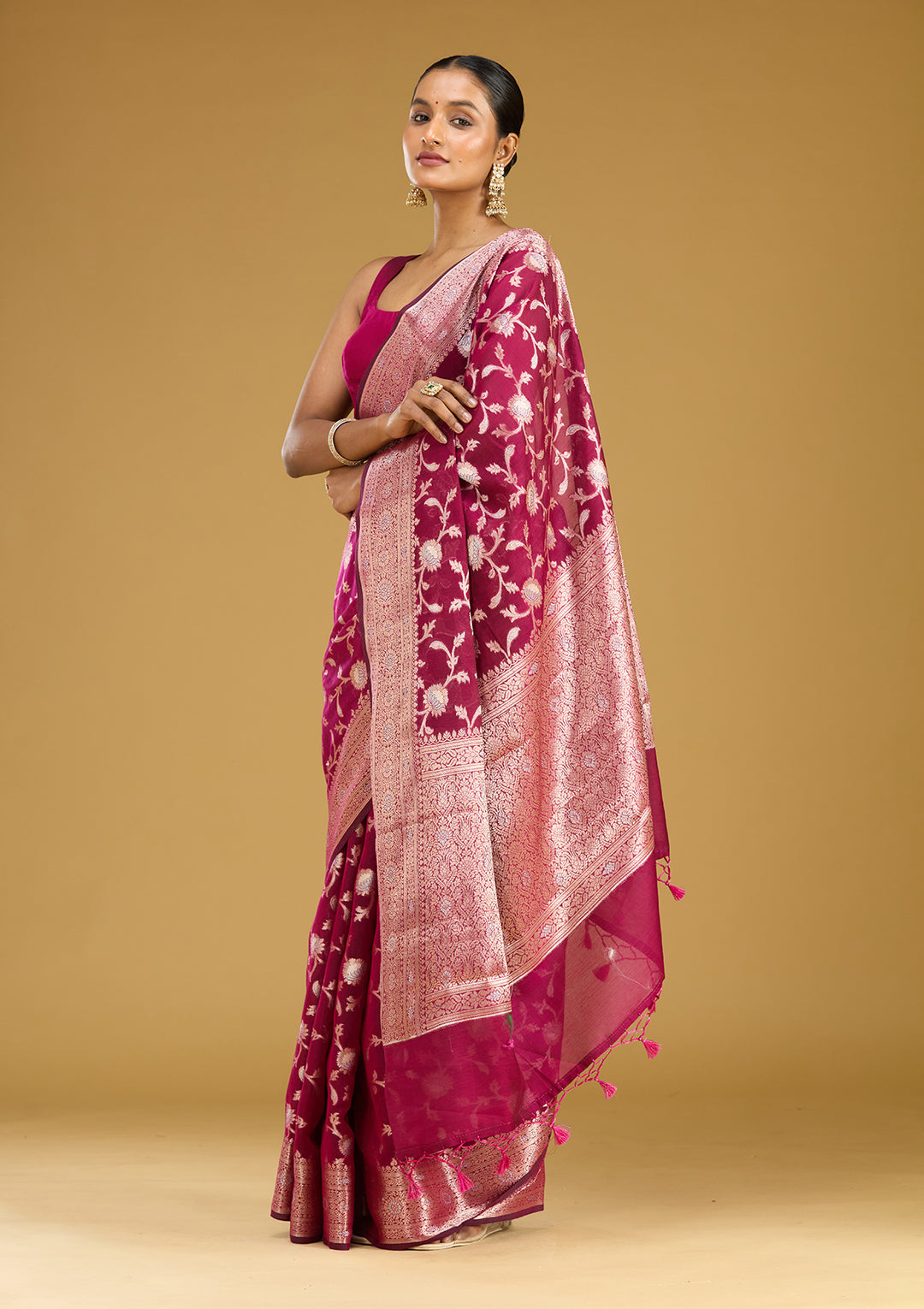 Wine Cotton Jaal Zariwork Saree With Matching Blouse Piece