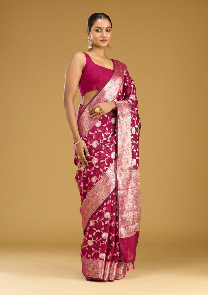 Wine Cotton Jaal Zariwork Saree With Matching Blouse Piece