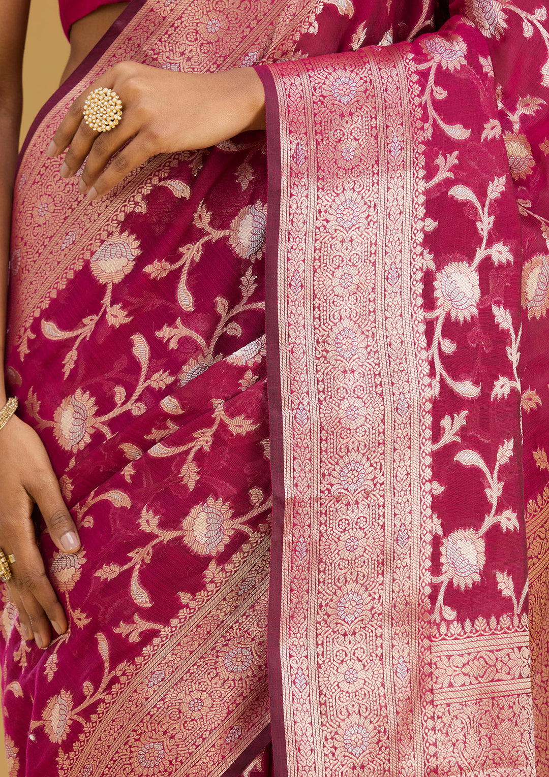 Wine Cotton Jaal Zariwork Saree With Matching Blouse Piece