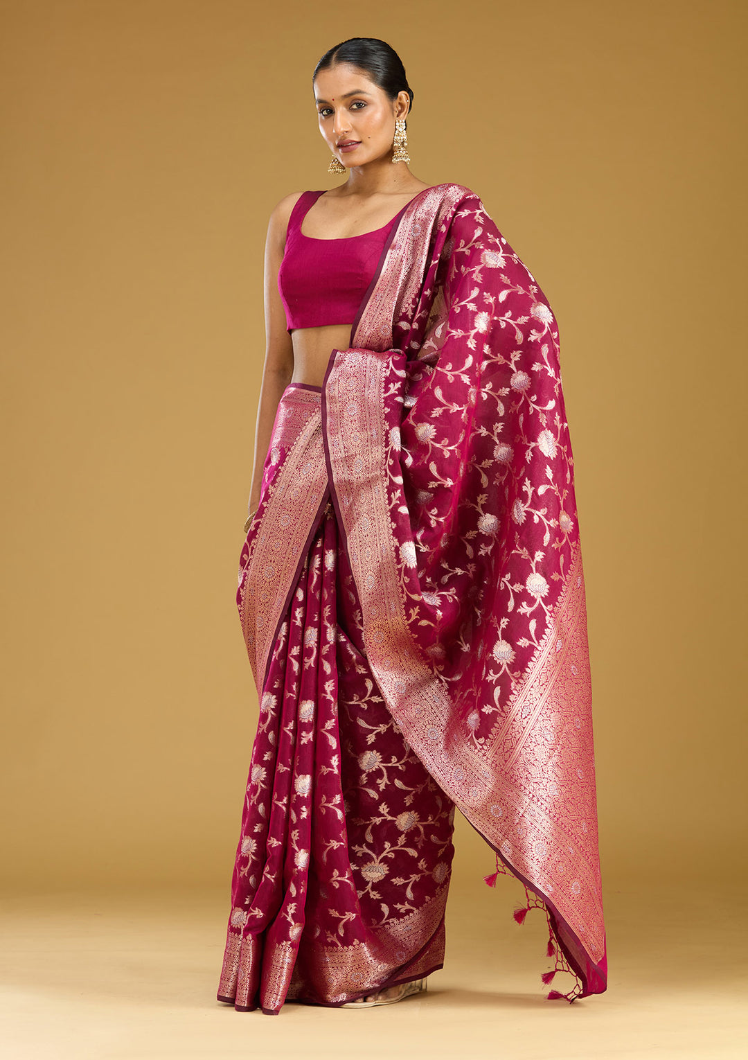 Wine Cotton Jaal Zariwork Saree With Matching Blouse Piece