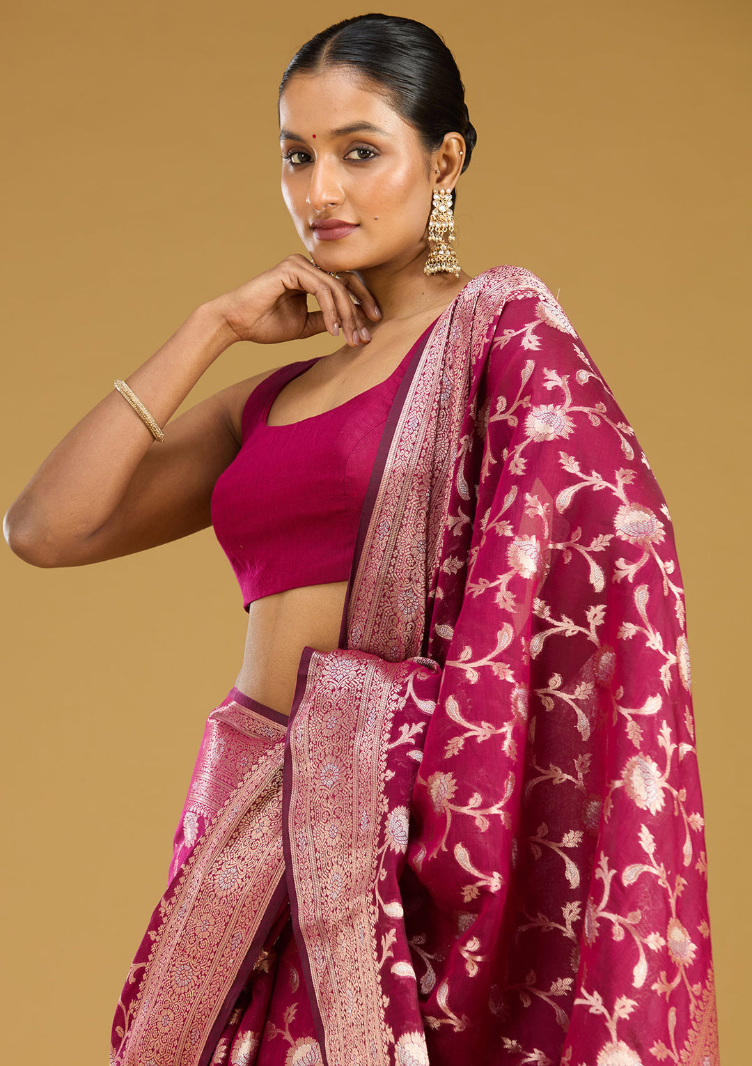 Wine Cotton Jaal Zariwork Saree With Matching Blouse Piece