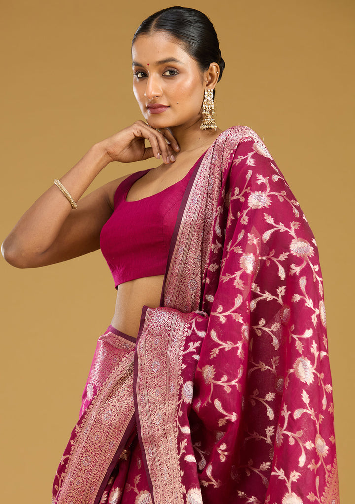 Wine Cotton Jaal Zariwork Saree With Matching Blouse Piece