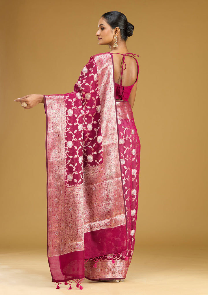 Wine Cotton Jaal Zariwork Saree With Matching Blouse Piece