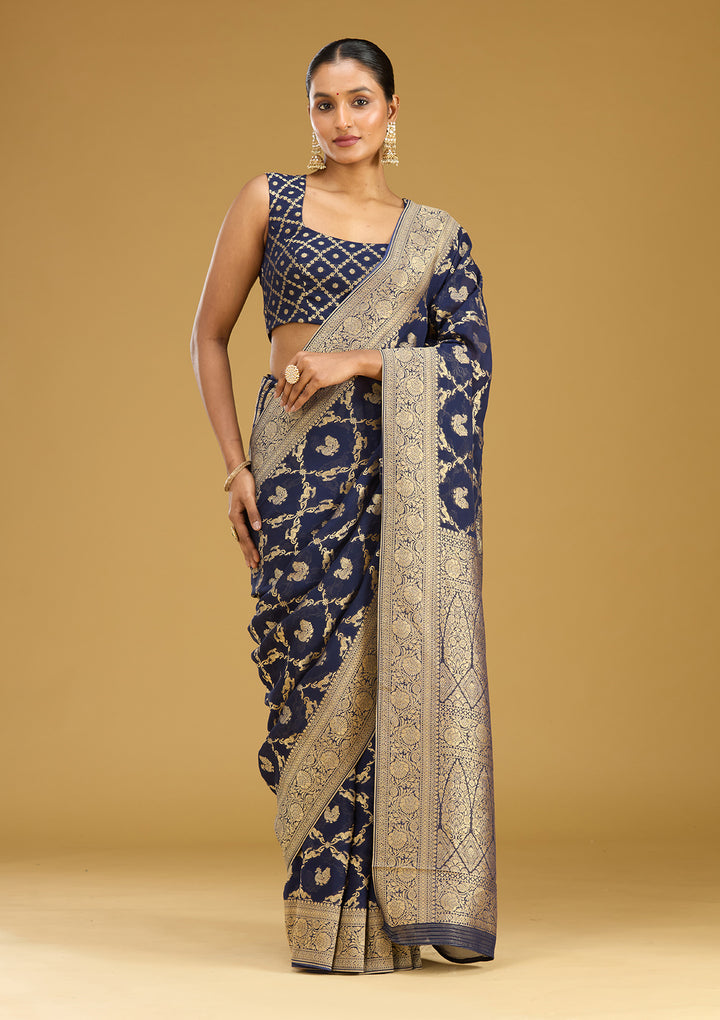Navy Blue Crepe Jaal Zariwork Saree With Matching Blouse Piece