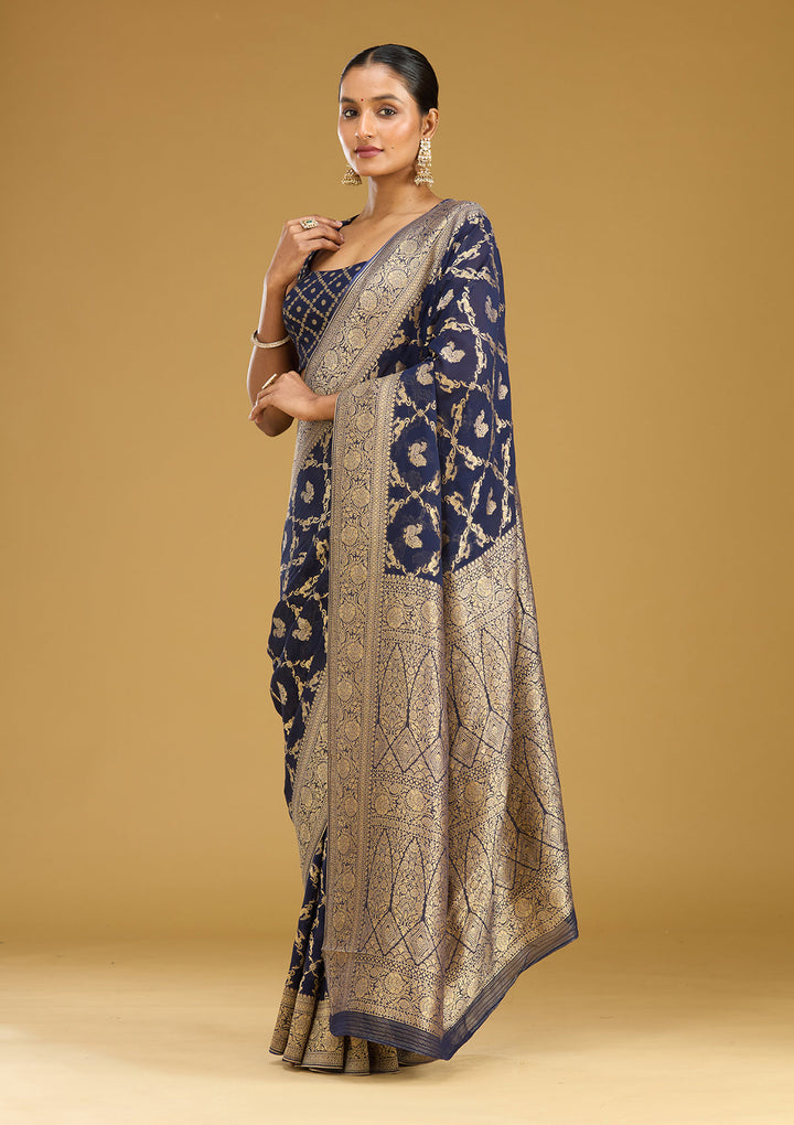 Navy Blue Crepe Jaal Zariwork Saree With Matching Blouse Piece