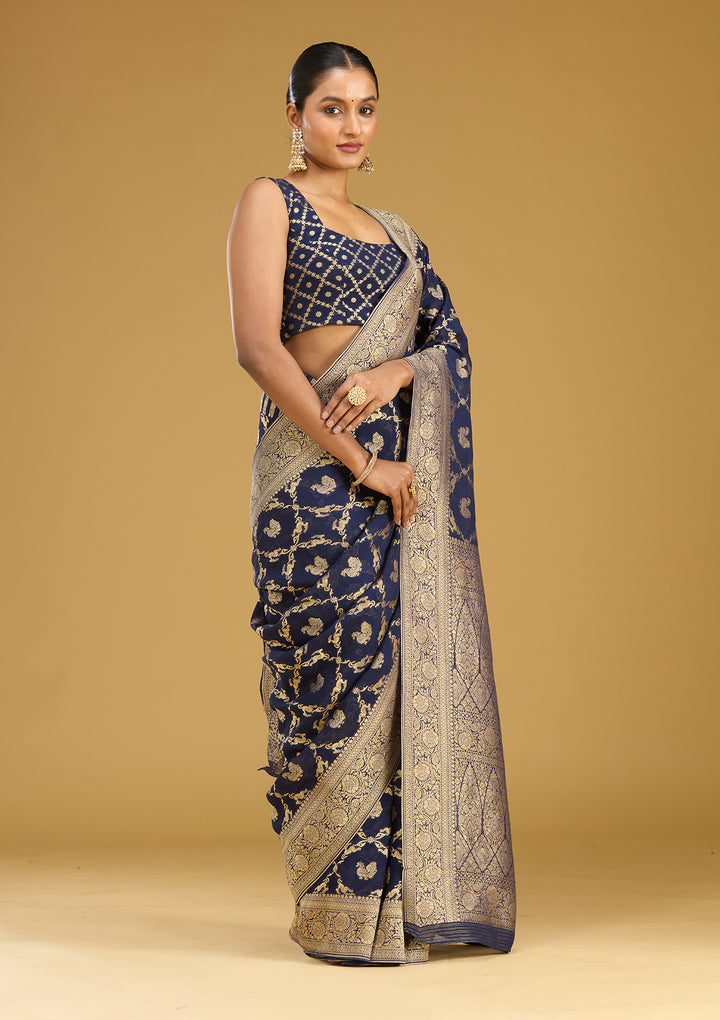 Navy Blue Crepe Jaal Zariwork Saree With Matching Blouse Piece