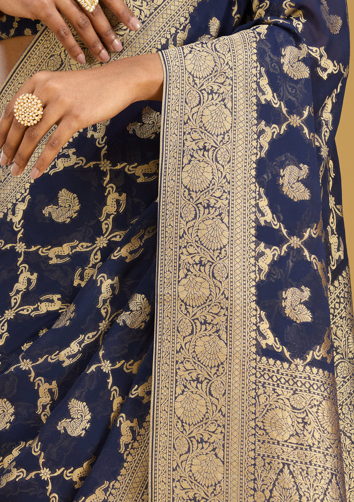 Navy Blue Crepe Jaal Zariwork Saree With Matching Blouse Piece