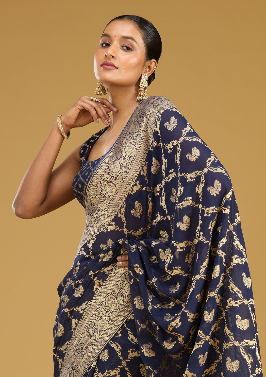 Navy Blue Crepe Jaal Zariwork Saree With Matching Blouse Piece