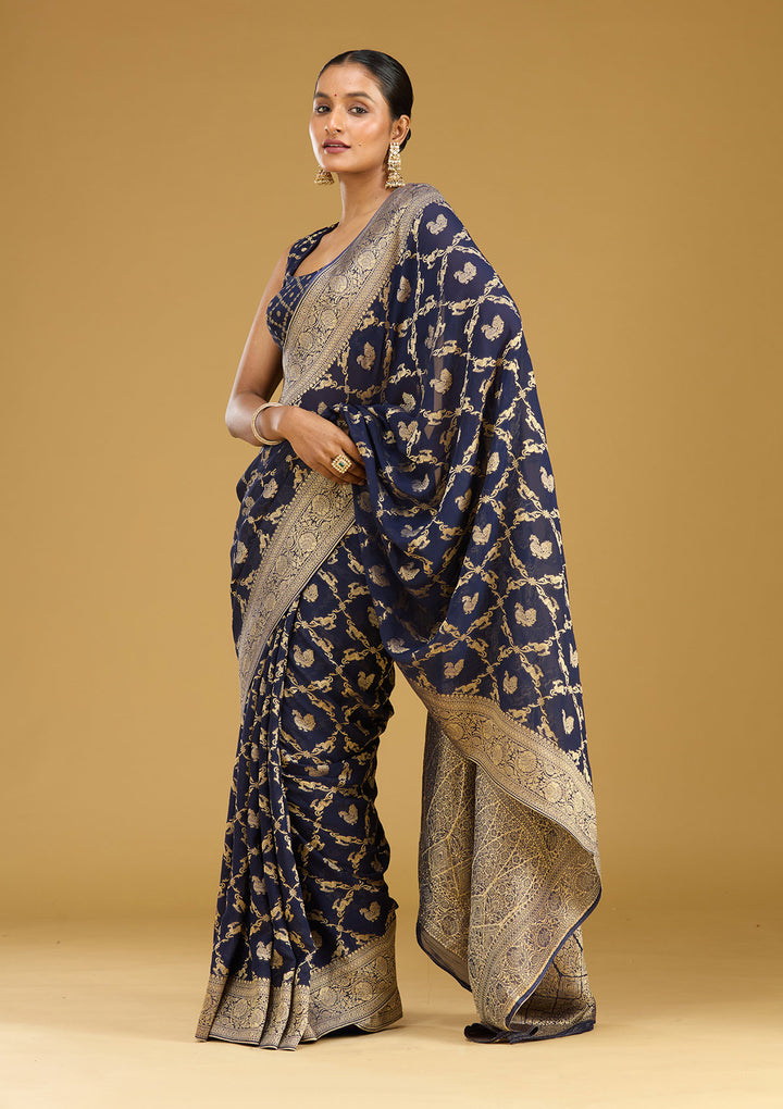 Navy Blue Crepe Jaal Zariwork Saree With Matching Blouse Piece