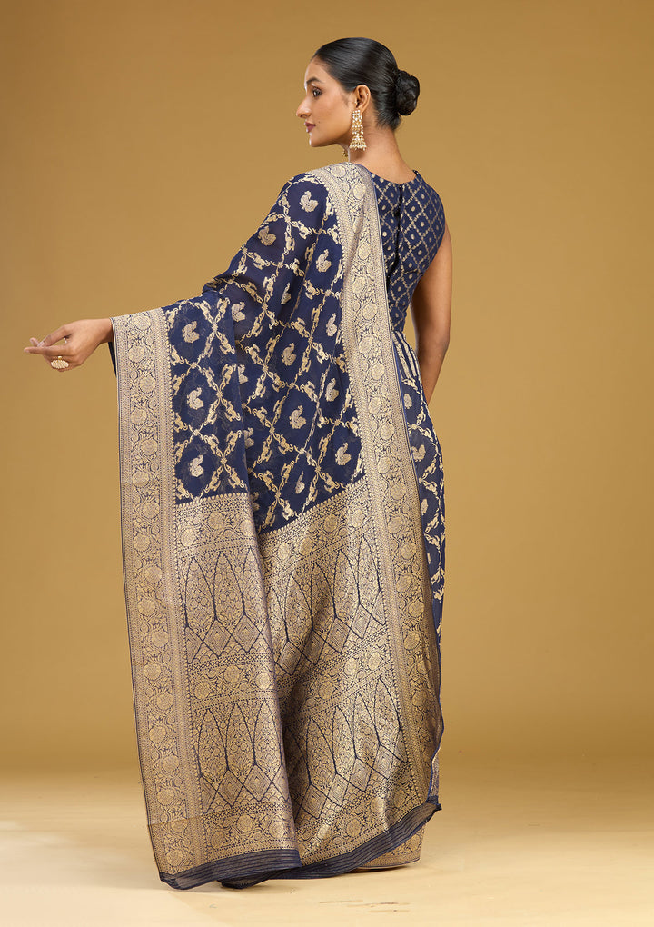 Navy Blue Crepe Jaal Zariwork Saree With Matching Blouse Piece