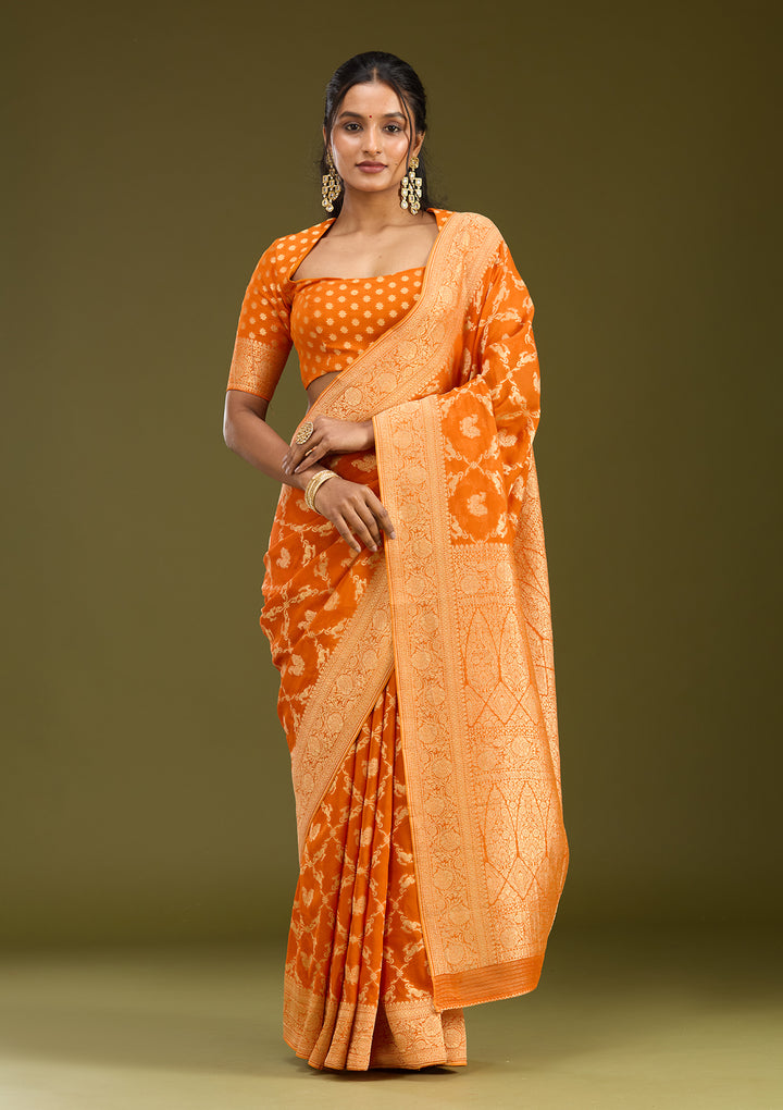 Orange Crepe Jaal Zariwork Saree With Matching Blouse Piece