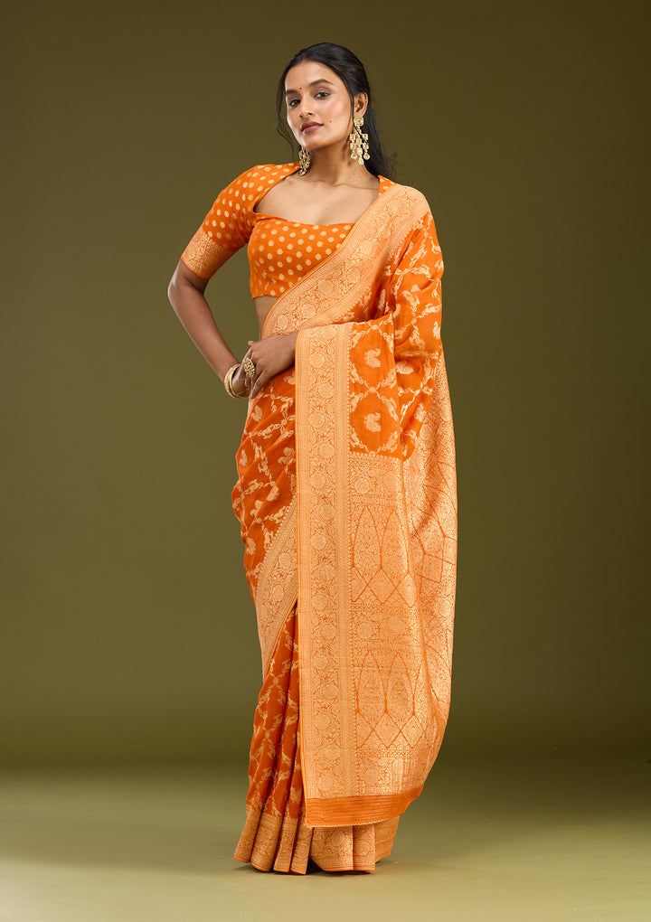 Orange Crepe Jaal Zariwork Saree With Matching Blouse Piece