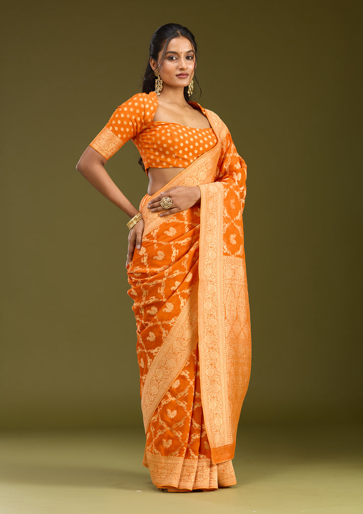Orange Crepe Jaal Zariwork Saree With Matching Blouse Piece