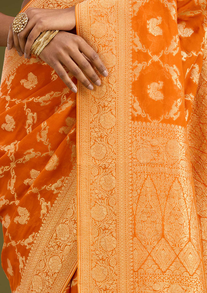 Orange Crepe Jaal Zariwork Saree With Matching Blouse Piece