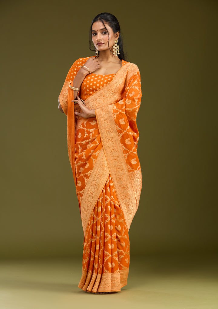 Orange Crepe Jaal Zariwork Saree With Matching Blouse Piece