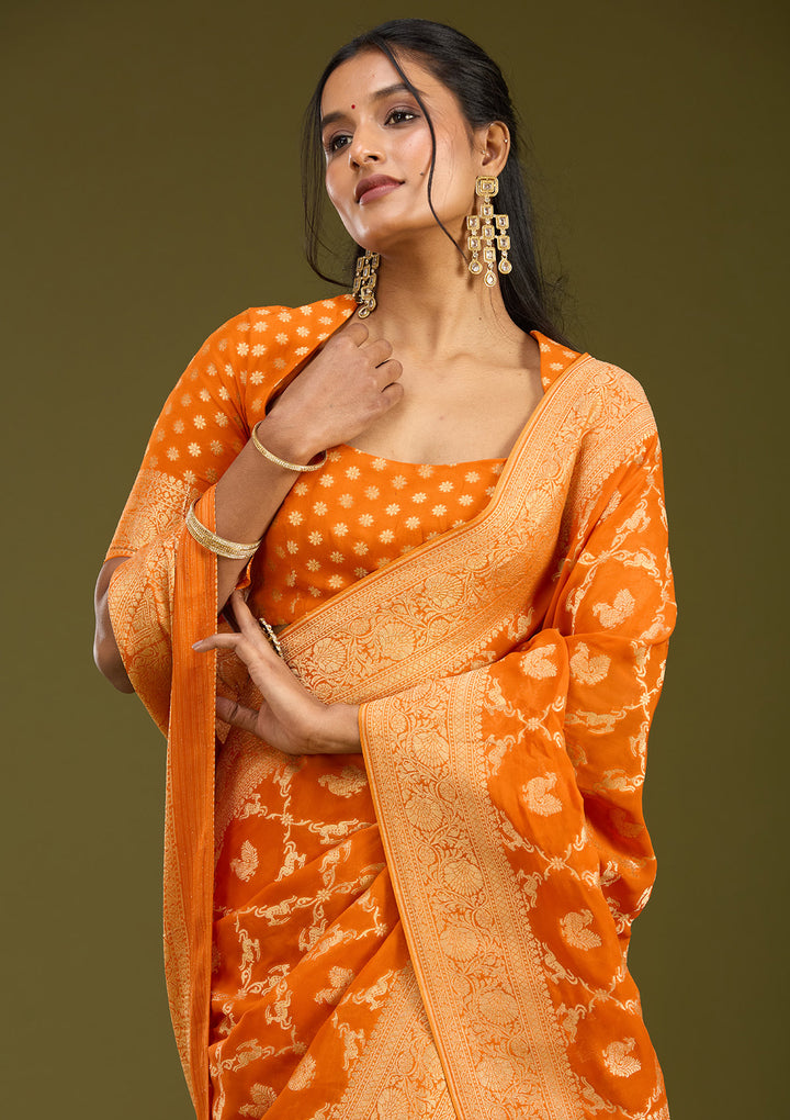 Orange Crepe Jaal Zariwork Saree With Matching Blouse Piece