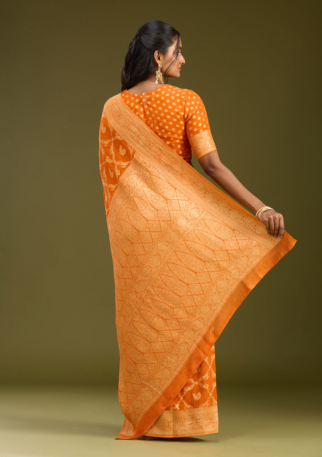 Orange Crepe Jaal Zariwork Saree With Matching Blouse Piece