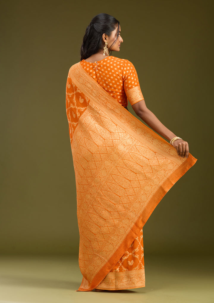 Orange Crepe Jaal Zariwork Saree With Matching Blouse Piece