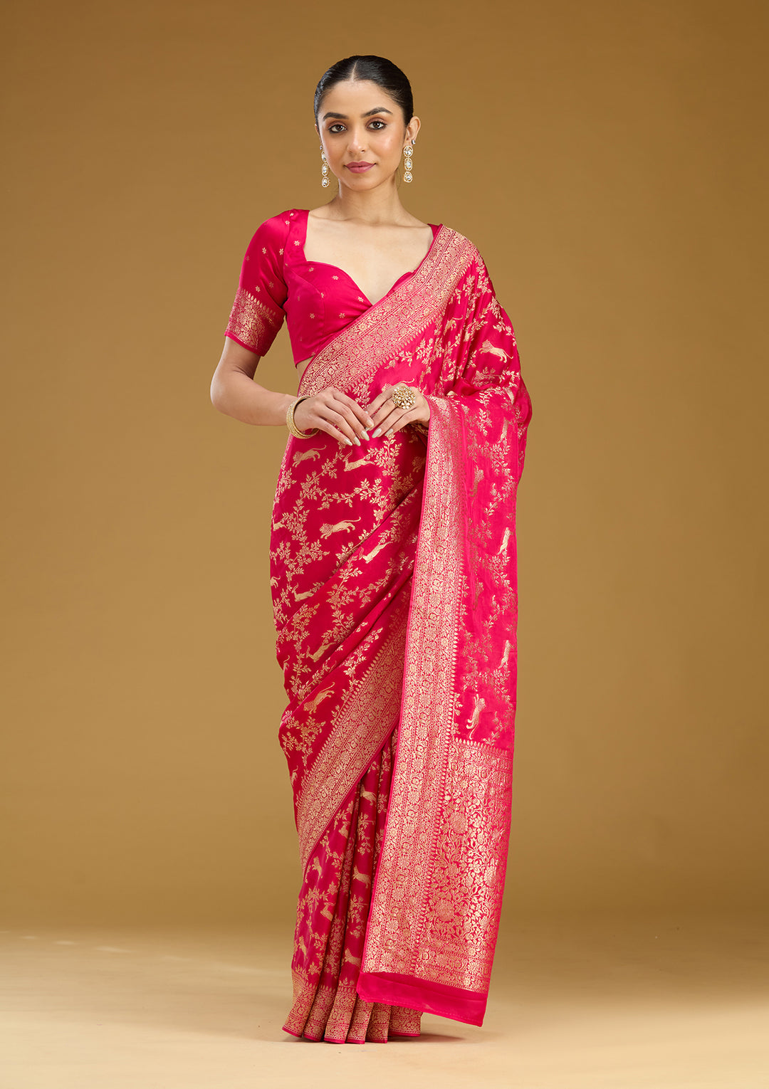 Rani Pink Crepe Jaal Gold Zariwork Saree With Matching Blouse Piece