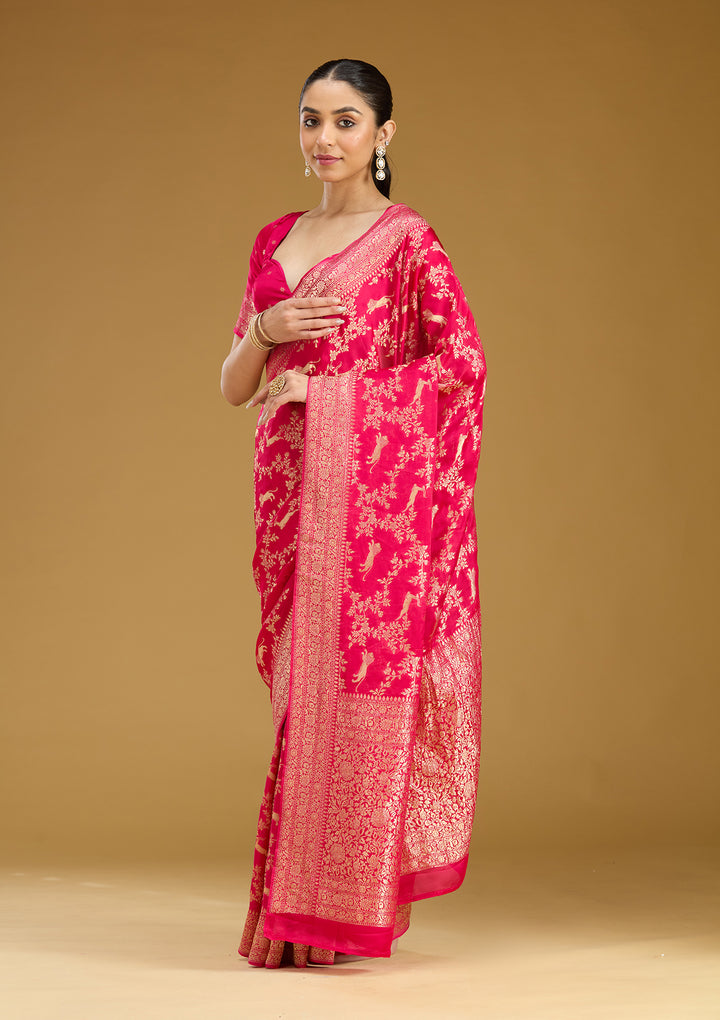 Rani Pink Crepe Jaal Gold Zariwork Saree With Matching Blouse Piece