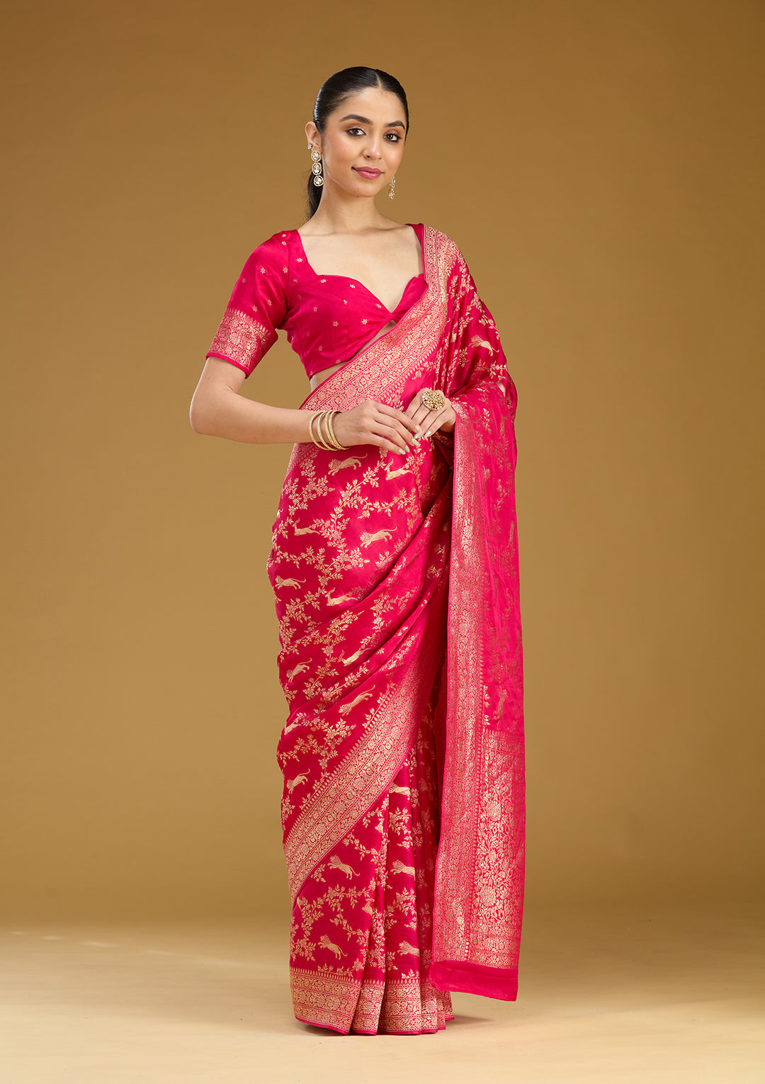 Rani Pink Crepe Jaal Gold Zariwork Saree With Matching Blouse Piece