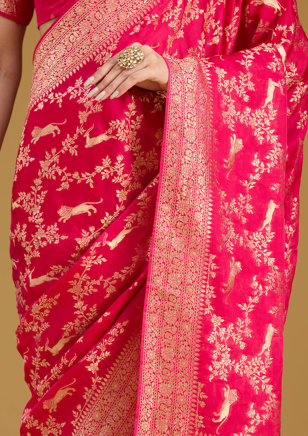 Rani Pink Crepe Jaal Gold Zariwork Saree With Matching Blouse Piece