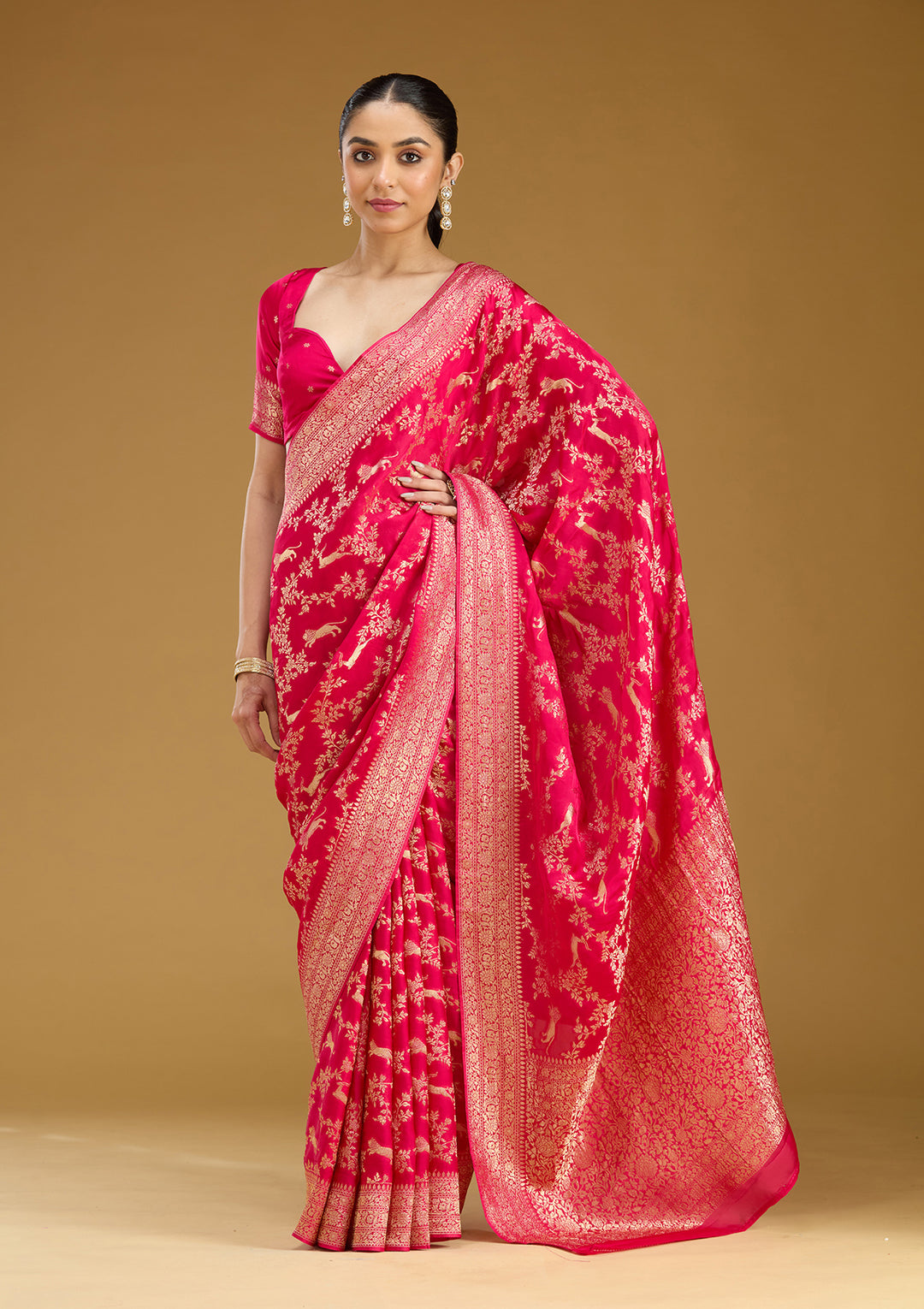 Rani Pink Crepe Jaal Gold Zariwork Saree With Matching Blouse Piece