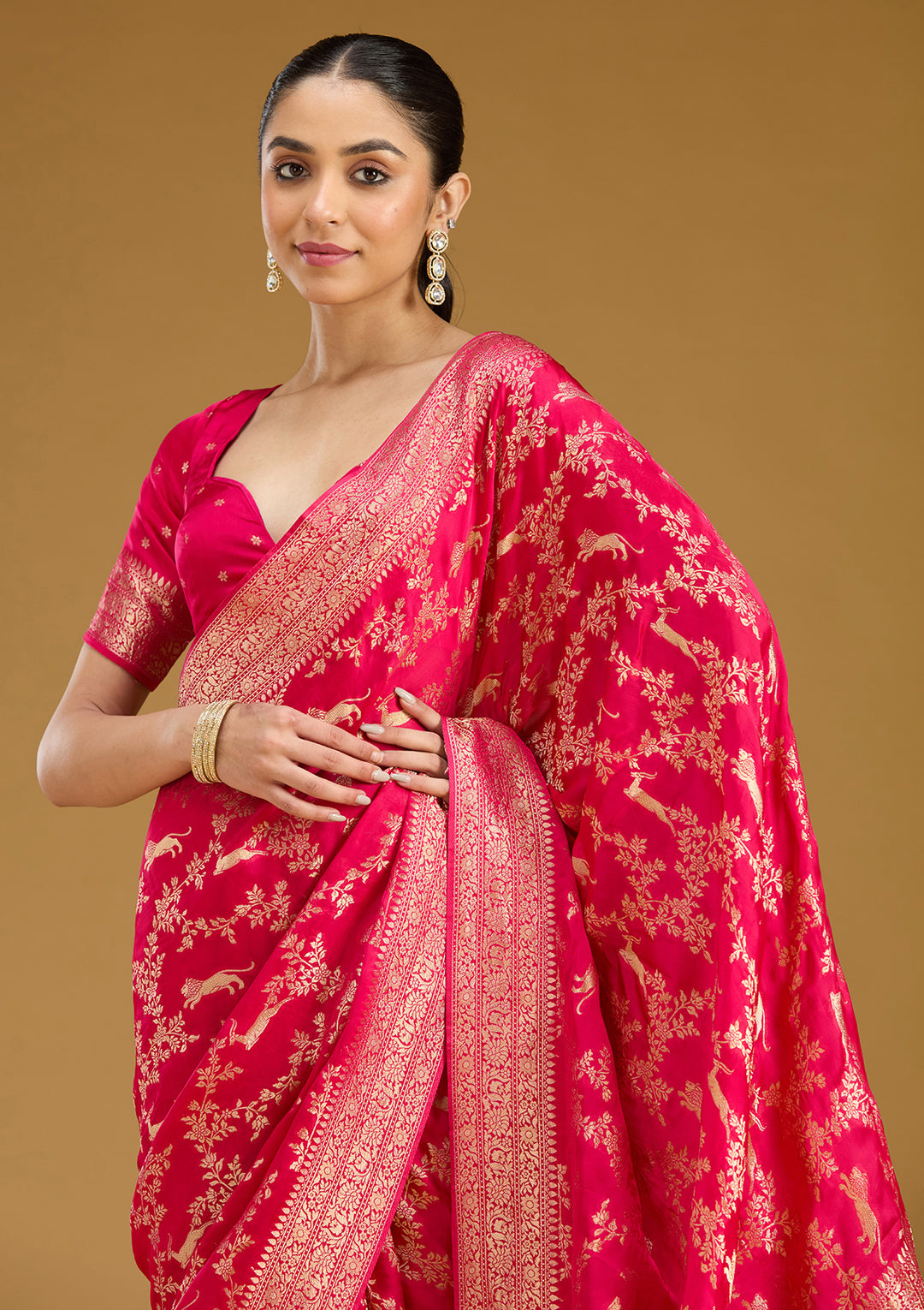 Rani Pink Crepe Jaal Gold Zariwork Saree With Matching Blouse Piece