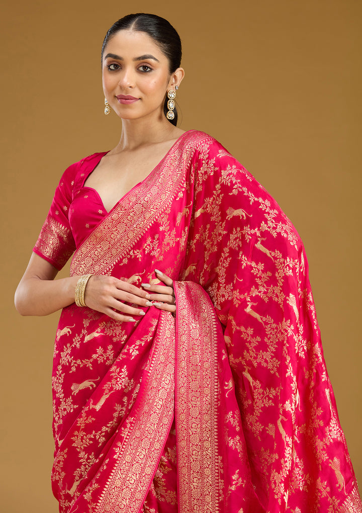 Rani Pink Crepe Jaal Gold Zariwork Saree With Matching Blouse Piece