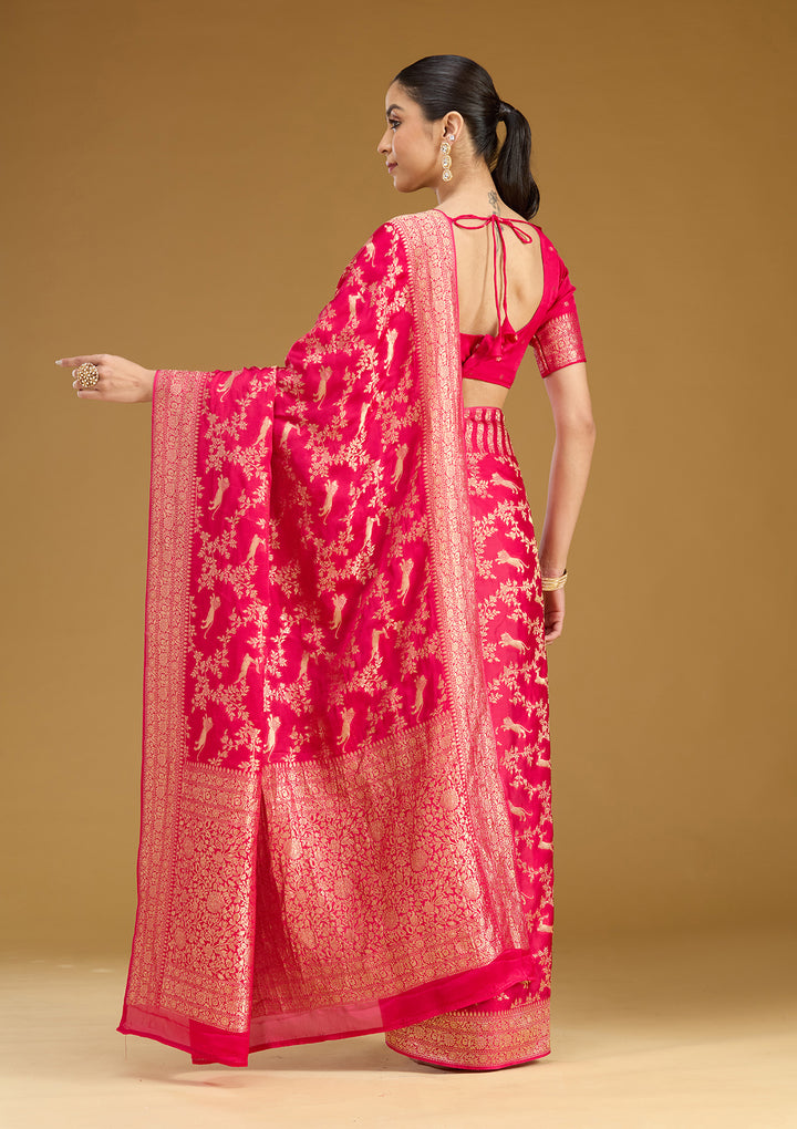 Rani Pink Crepe Jaal Gold Zariwork Saree With Matching Blouse Piece