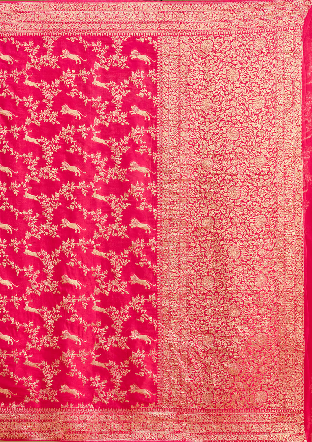 Rani Pink Crepe Jaal Gold Zariwork Saree With Matching Blouse Piece