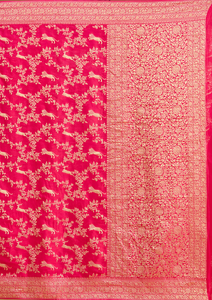 Rani Pink Crepe Jaal Gold Zariwork Saree With Matching Blouse Piece