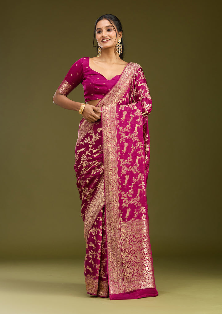Wine Crepe Jaal Gold Zariwork Saree With Matching Blouse Piece