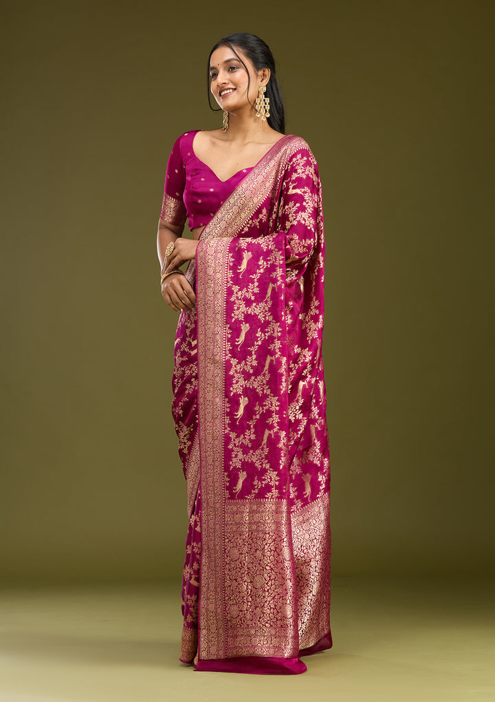 Wine Crepe Jaal Gold Zariwork Saree With Matching Blouse Piece