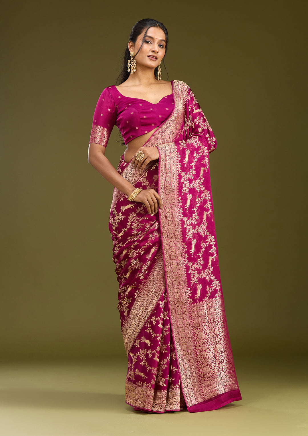 Wine Crepe Jaal Gold Zariwork Saree With Matching Blouse Piece