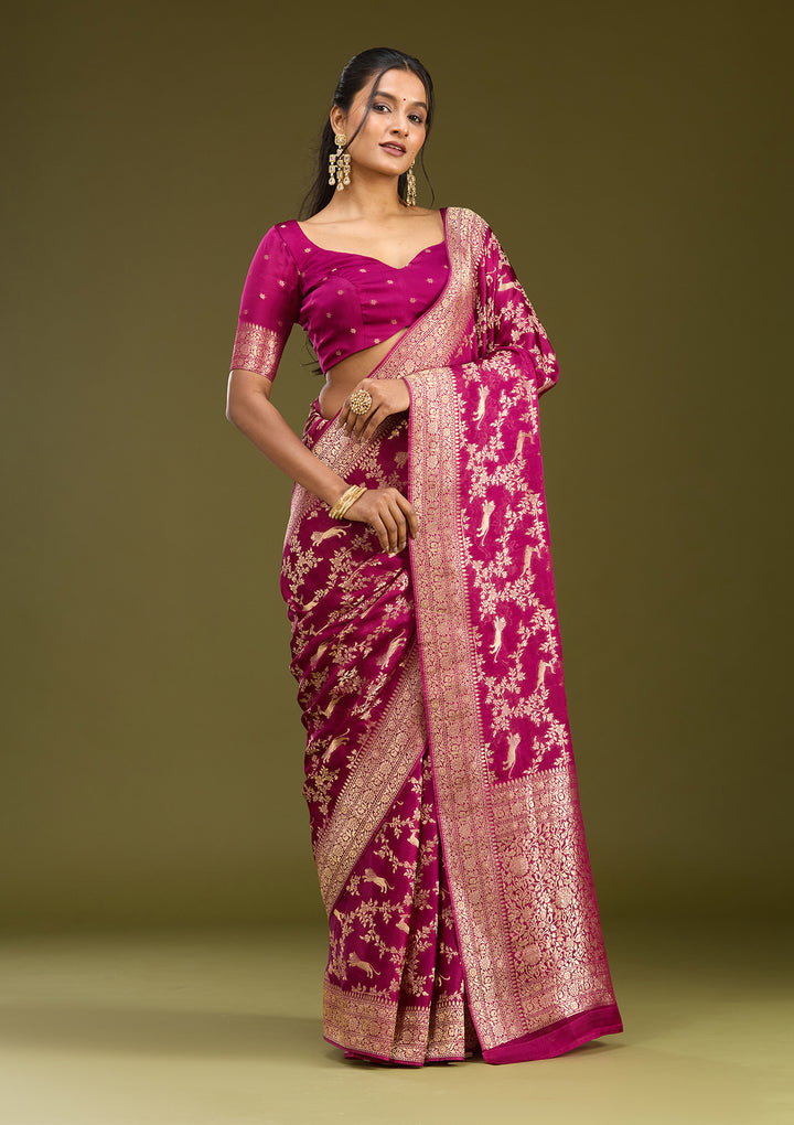 Wine Crepe Jaal Gold Zariwork Saree With Matching Blouse Piece