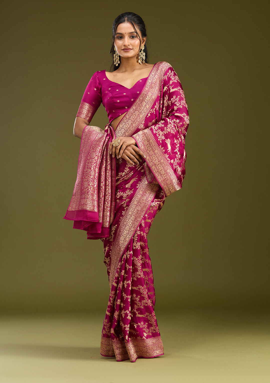 Wine Crepe Jaal Gold Zariwork Saree With Matching Blouse Piece