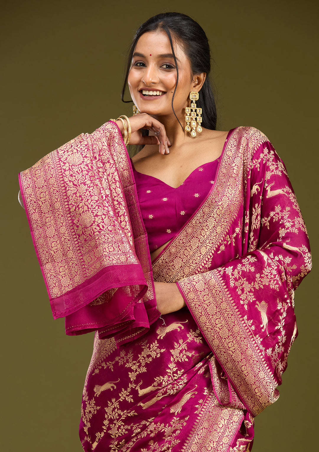 Wine Crepe Jaal Gold Zariwork Saree With Matching Blouse Piece